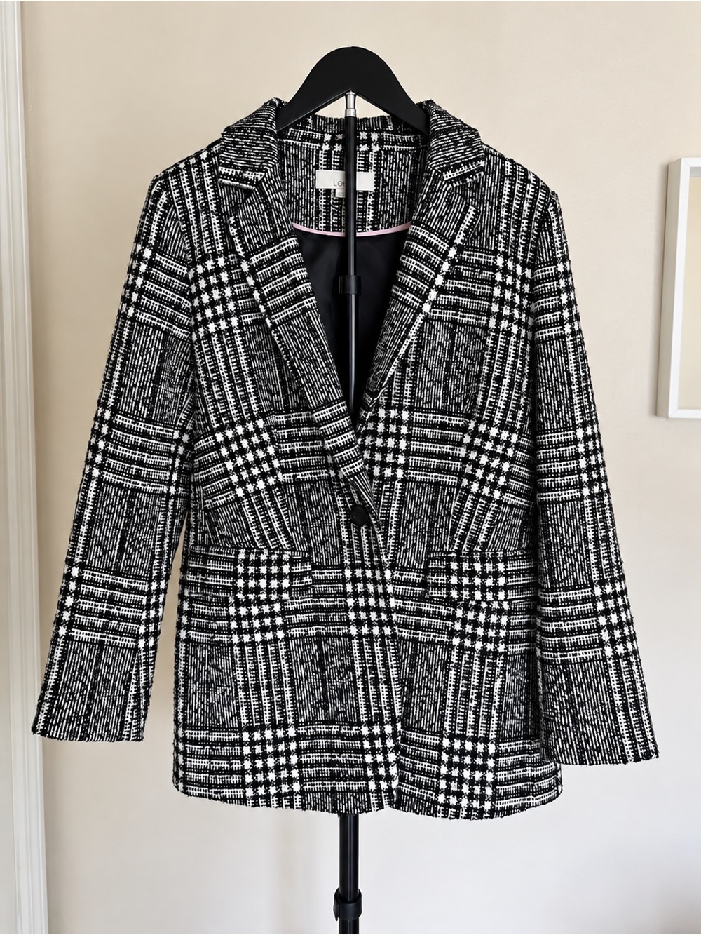 LOFT Black White & Pink Plaid Tweed Blazer Jacket Size 10 NWOT